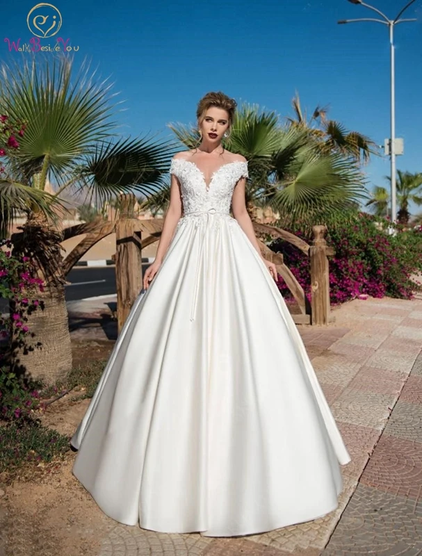 

2019 V-neck Wedding Dress A-line Satin Sleeveless Off Shoulder Sweep Train Appliques Simple Lace Beading Crystals Bridal Gown