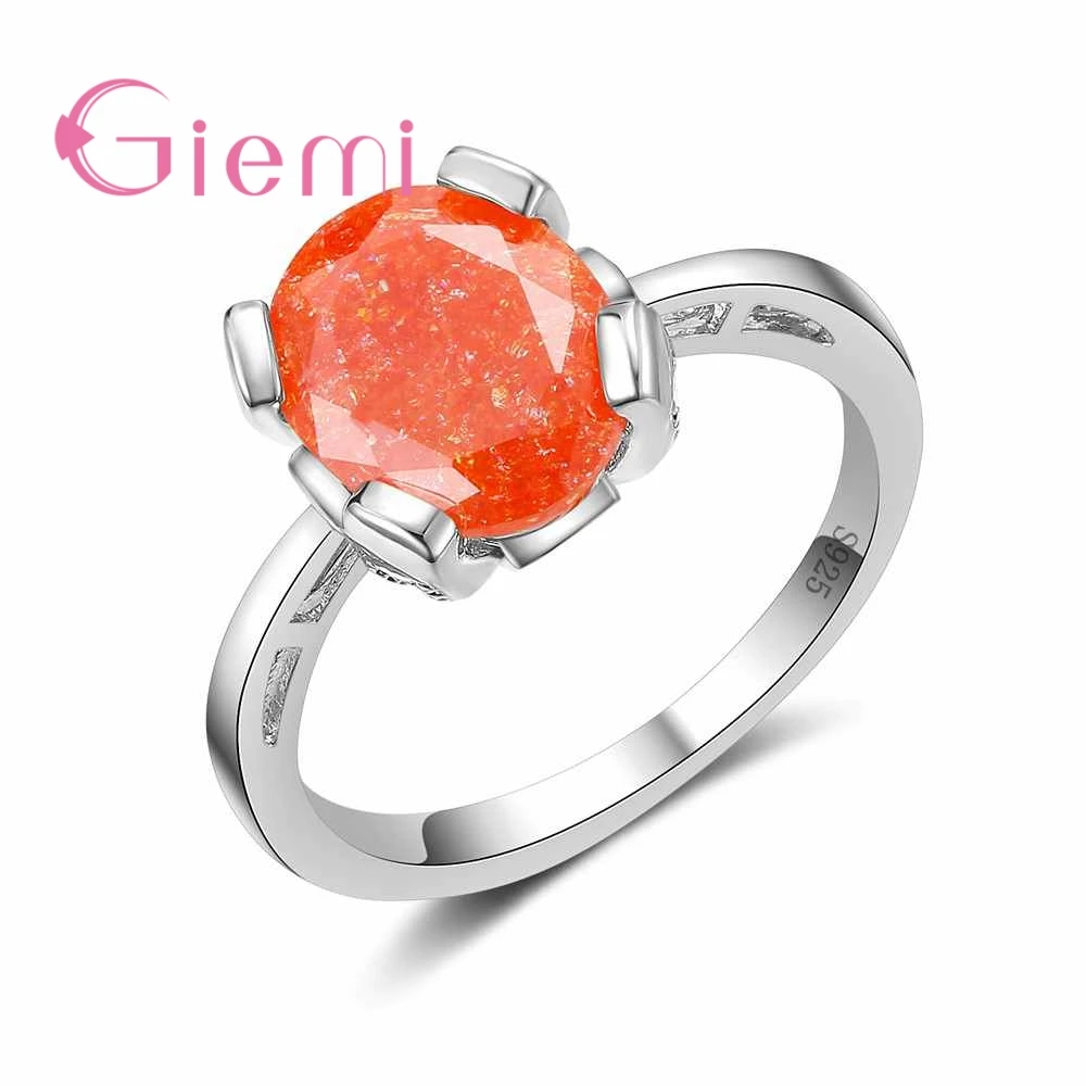 

GIEMI Sweet Romantic Shiny Orange Round Crystal Stone Ring Charm Female Gift Wedding Engagement Jewelry 925 Sterling Silver