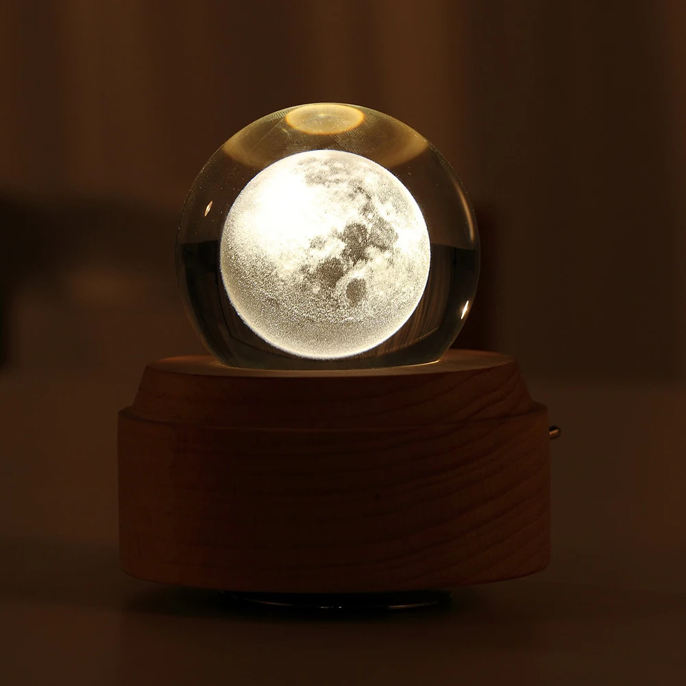 Горячая деревянная музыкальная шкатулка Луна Стиль светящийся вращающийся 3D Кристалл Ночной светильник Музыкальная Коробка для детей девочек FQ-ing