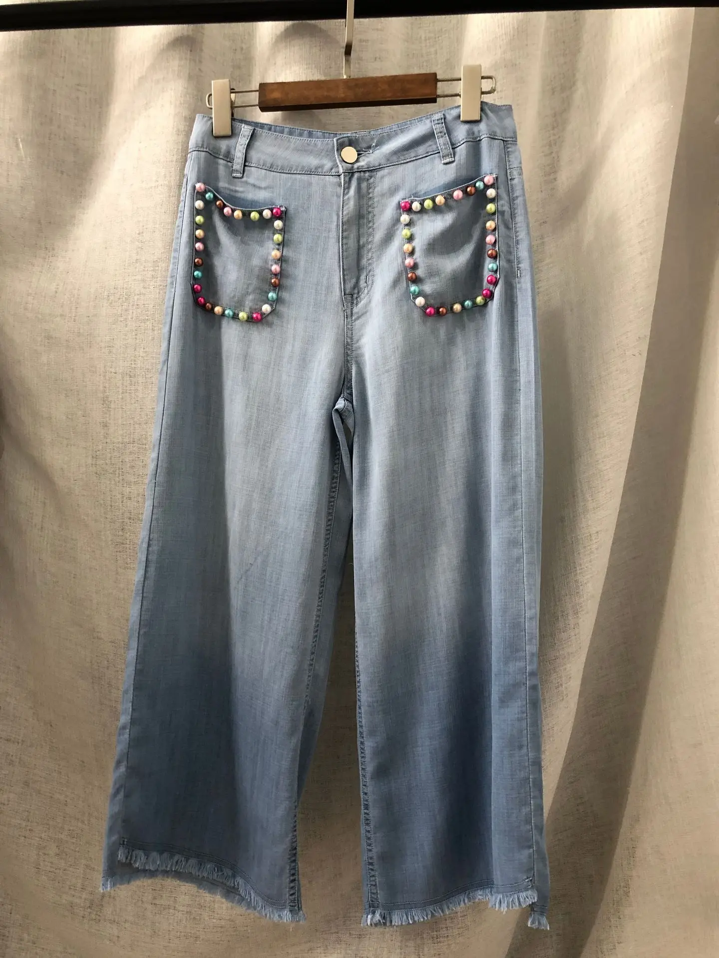 

Cowboy panty 2019 summer trousers of the new color order bead gradient of tall waist soft tencel wide-legged jeans female