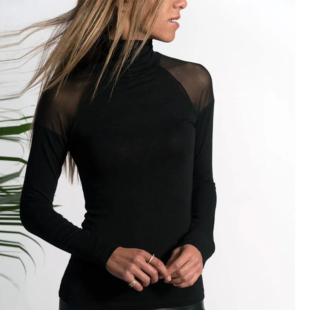 

Women's T-Shirt Solid Color Casual Shirt Long-Sleeved Mesh High-Neck T-Shirt Top Women Clothing Modis Slim