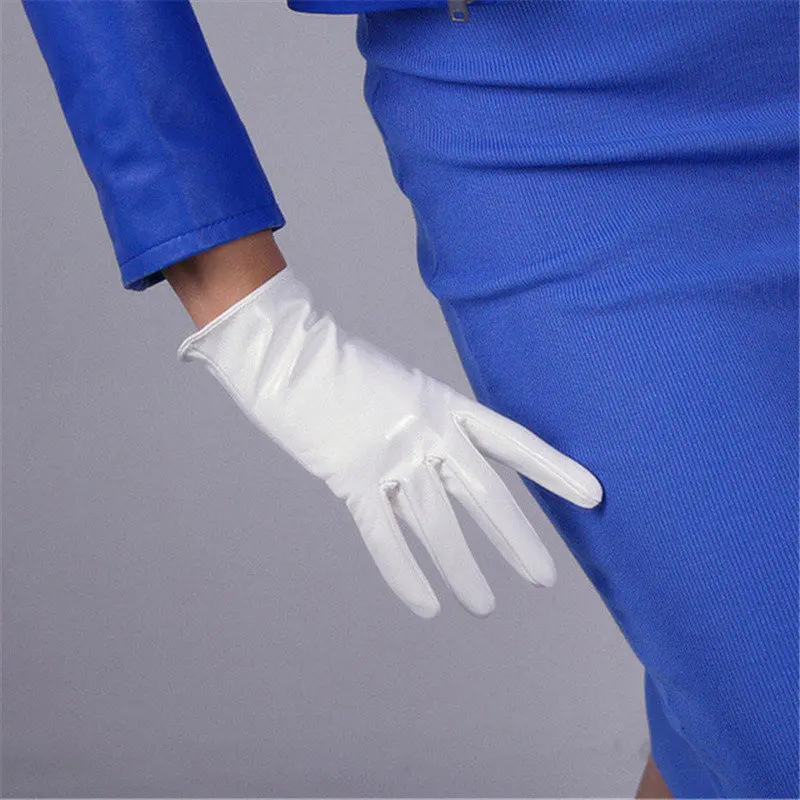 Модные короткие перчатки, искусственная кожа, лакированная кожа, темно-коричневый, коричневый, черный, белый цвет, женские, 21 см, 3-TB32 - Цвет: Patent leather white