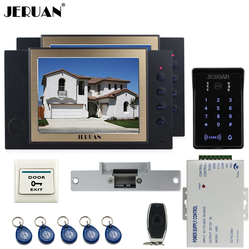 JERUAN New RFID waterproof Touch Key password keypad Camera Home Wired 8`` TFT video door phone Record intercom system kit 1V2