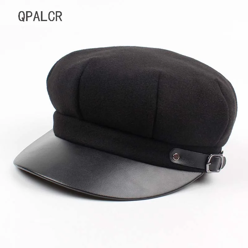 QPALCR Military Cap Hat Female Winter Hats For Women Men Ladies Army Hat Pu Leather Visor Black