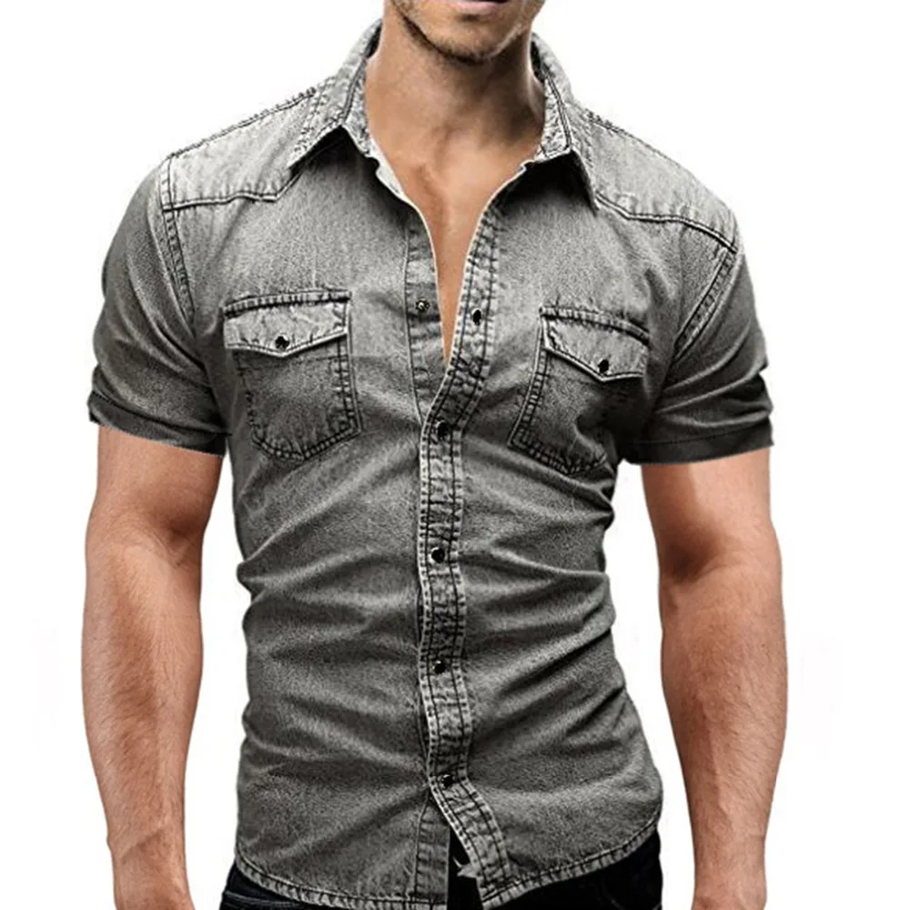 Мужская джинсовая рубашка модные летние шорты рукавом ковбой Повседневная рубашка футболки