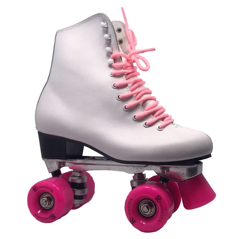 Reniaever مزدوجة زلاجات دوارة ، التزلج الأحذية ، جلد حقيقي عالية التمهيد ، هدية المرأة الوردي عجلات ، الشكل الزلاجات ، الأبيض