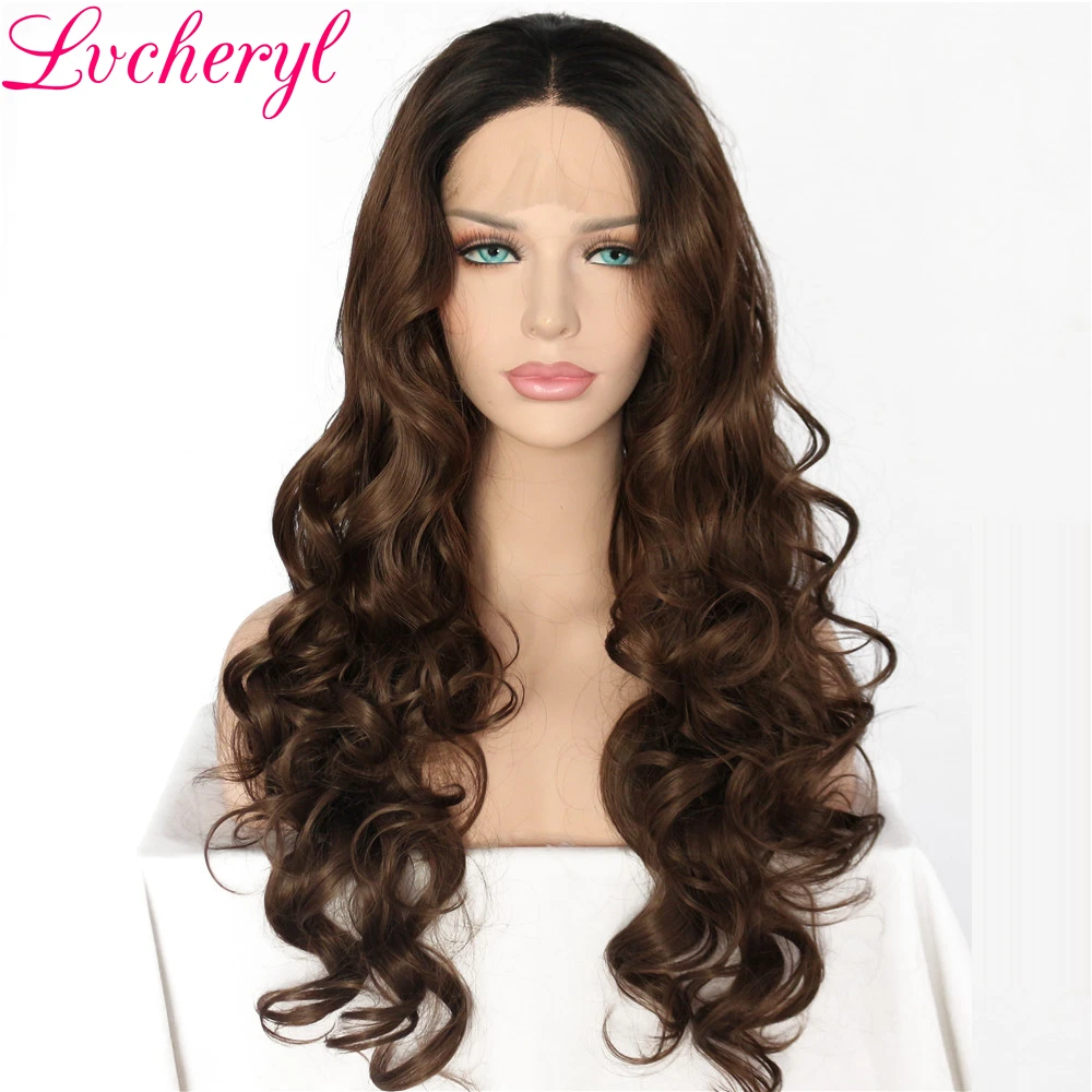 

Lvcheryl Natural Long Ombre Black To Brown Body Wave High Density Heat Resistant Fiber Hair Synthetic Lace Front Wigs for Women