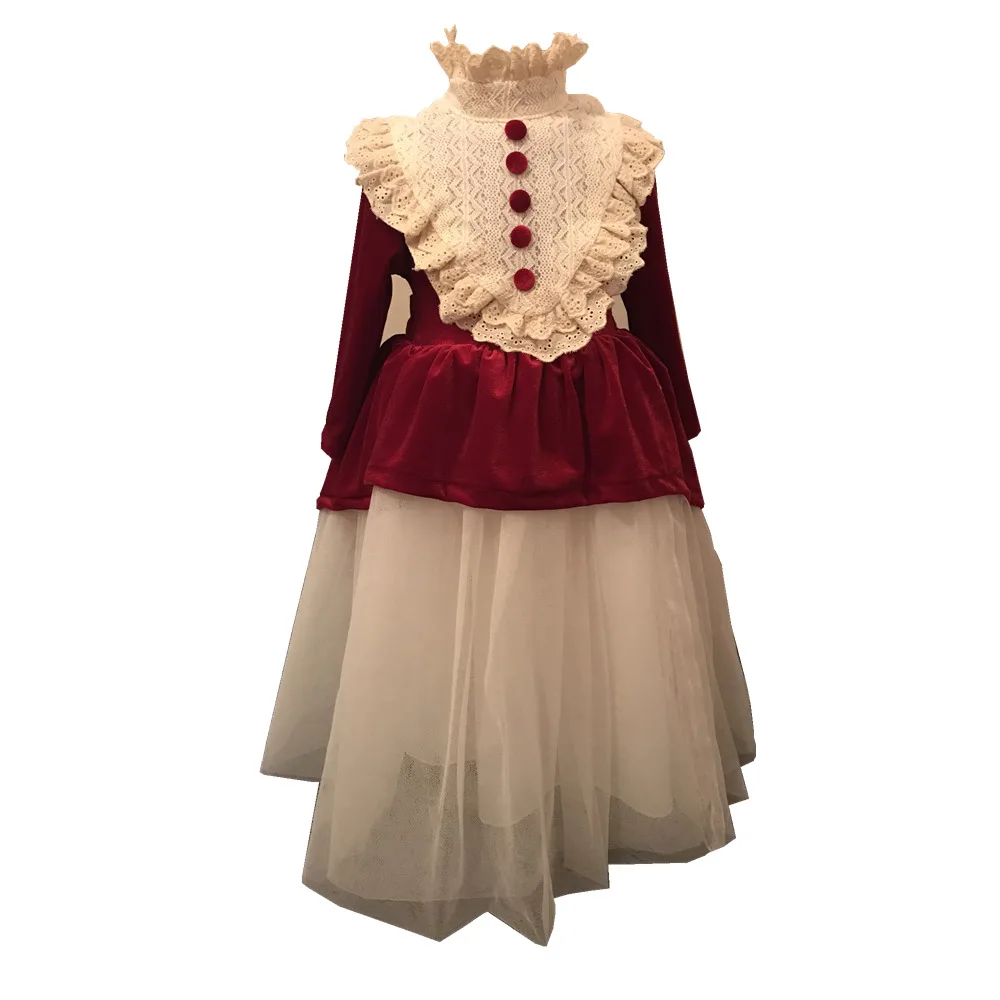 Бархатное плотное осенне-зимнее винтажное испанское платье для девочек бальное платье принцессы с помпоном рождественское праздничное платье в стиле Лолиты для маленьких девочек