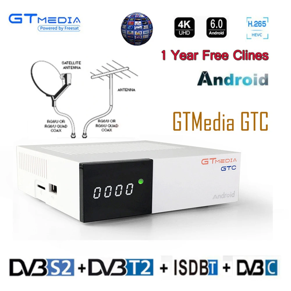 

Freesat GTC Receptor DVB-S2 DVB-C DVB-T2 Amlogic S905D android 6.0 TV BOX 2GB 16GB +1 Year cccam Satellite TV Receiver TV Box
