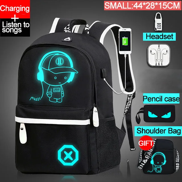 Школьные сумки, анимационный светящийся школьный рюкзак для девочек-подростков, USB зарядка, Детский рюкзак, детский Противоугонный рюкзак для ноутбука - Цвет: Music boy-S-Chestbag