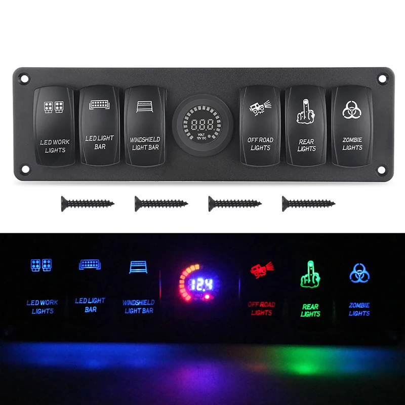 6 Gang LED Rocker Switch Panel Circuit Breaker Voltmeter Car Marine Boat 12V 24V