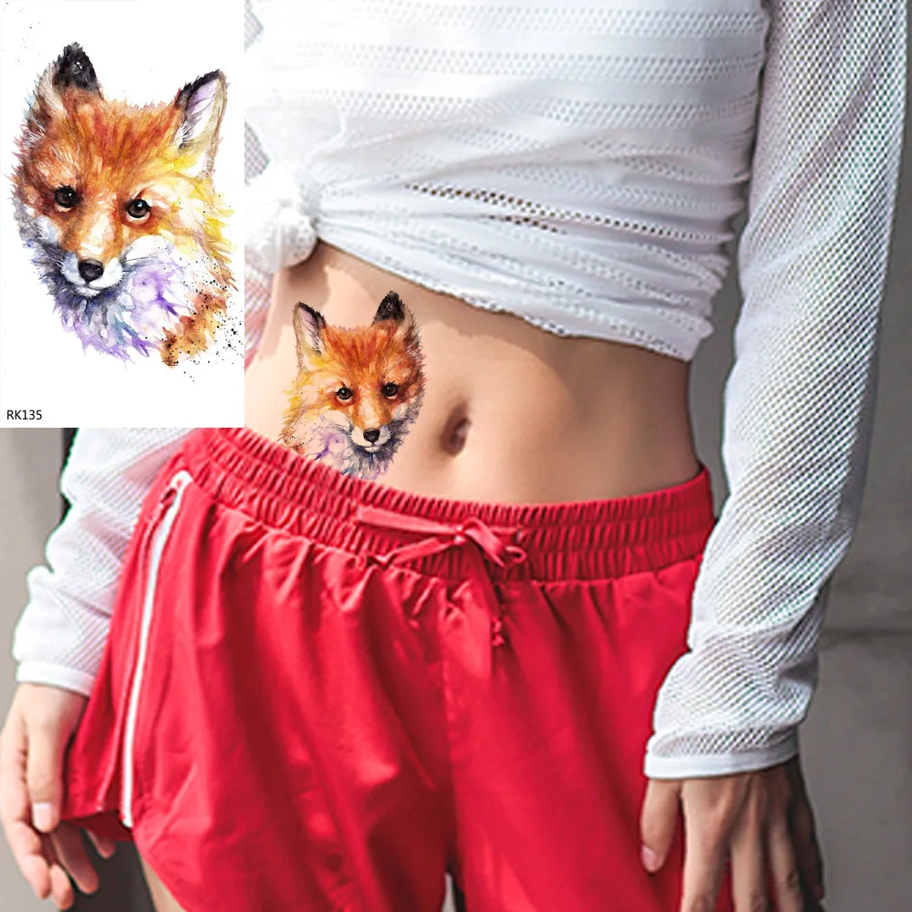 

OMMGO Watercolor Fox Flash Temporary Tattoos For Women Body Art Makeup Tatoos Paper Waterproof Fake DIY Arm Neck Tattoo Stickers