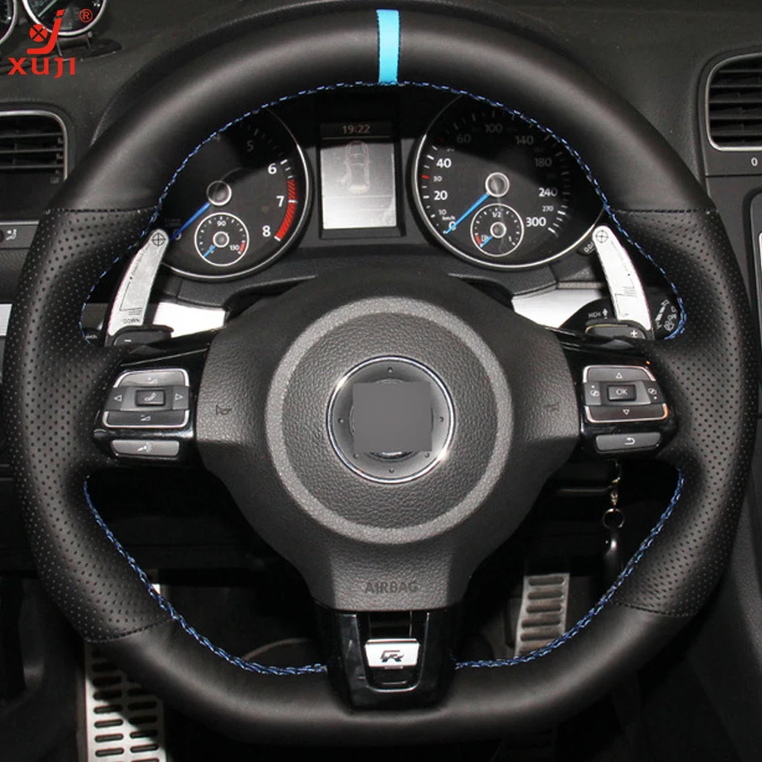 XUJI Hand stitched Black Genuine Leather Car Steering Wheel Cover for