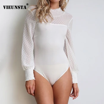 

VIEUNSTA Women Solid Slim Casual Bodysuit Female 2019 Autumn Long Sleeve Lace Elegant Romper Streetwear Bodycon Summer Playsuit