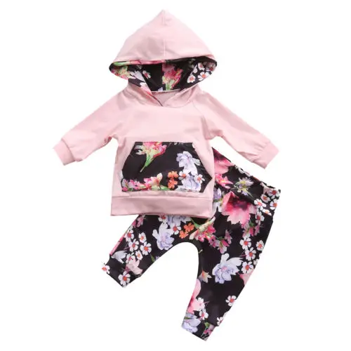 UK emmaaby/Модная одежда для новорожденных девочек; топы с капюшоном и цветочным принтом+ леггинсы с цветочным принтом; комплект одежды для малышей