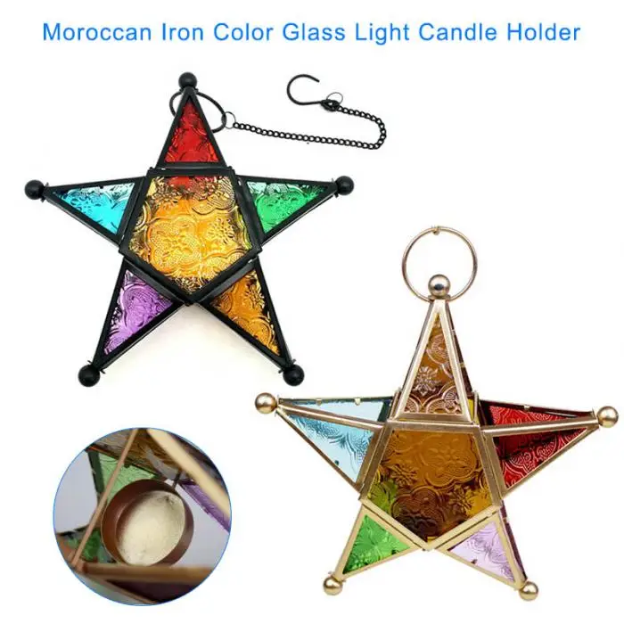 Five-pointed Star Candle Holder Moroccan Style Hanging Glass Metal Lantern TN99