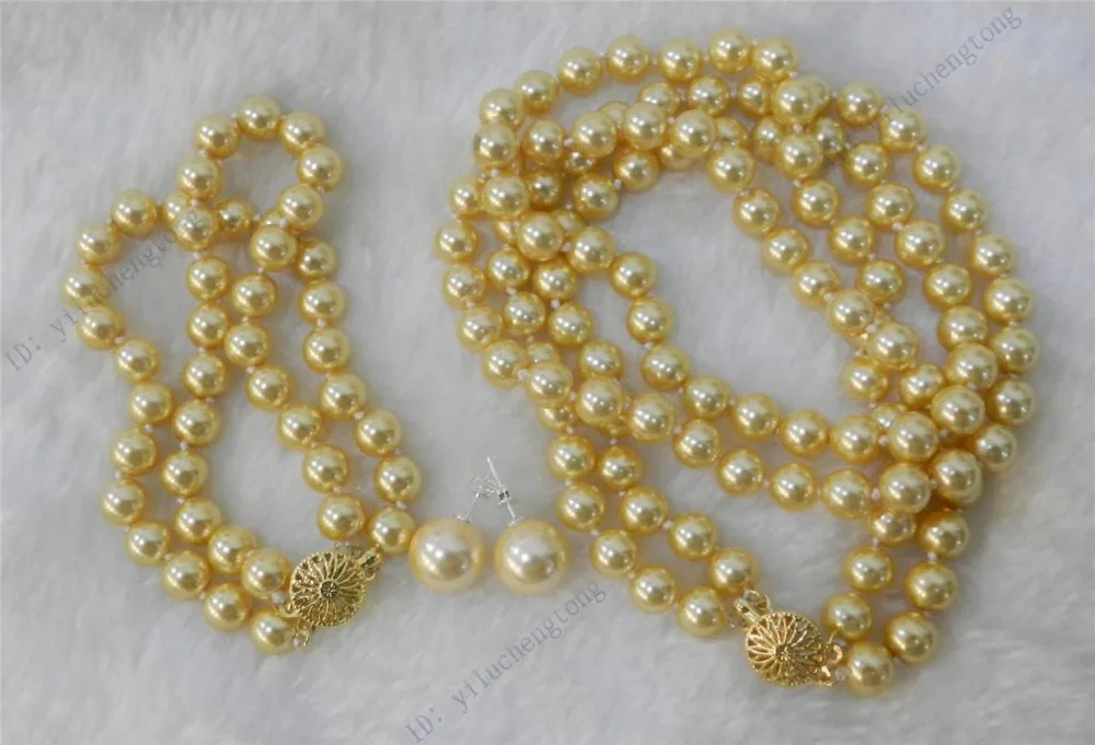 

12700 2 Rows Gold 8mm Sea Shell Pearl Necklace Bracelet, 12MM BIG Earring Set AAA