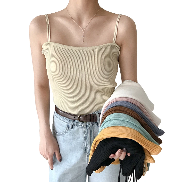 

Summer Girls Slash Neck Knitted Solid Camis Tops Sleeveless Shirts Women Spaghetti Straps Camisoles Tanks Tops