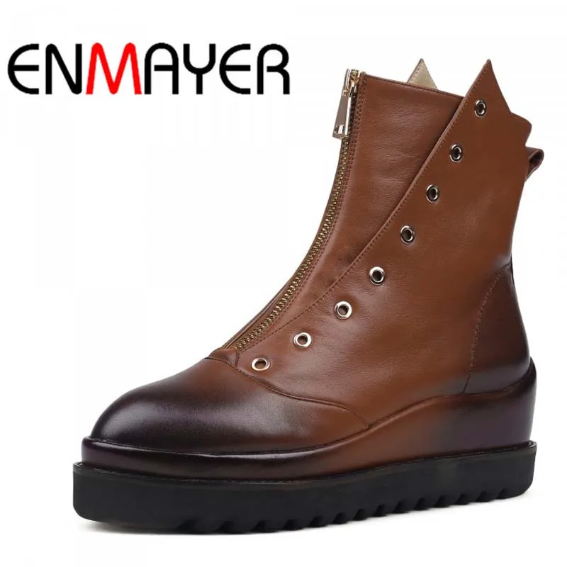 

ENMAYER Women Boots New Hot Round Toe Med Wedges Full Grain Leather Boots Zip High quality Motorcycle Boots Platform Black Brown