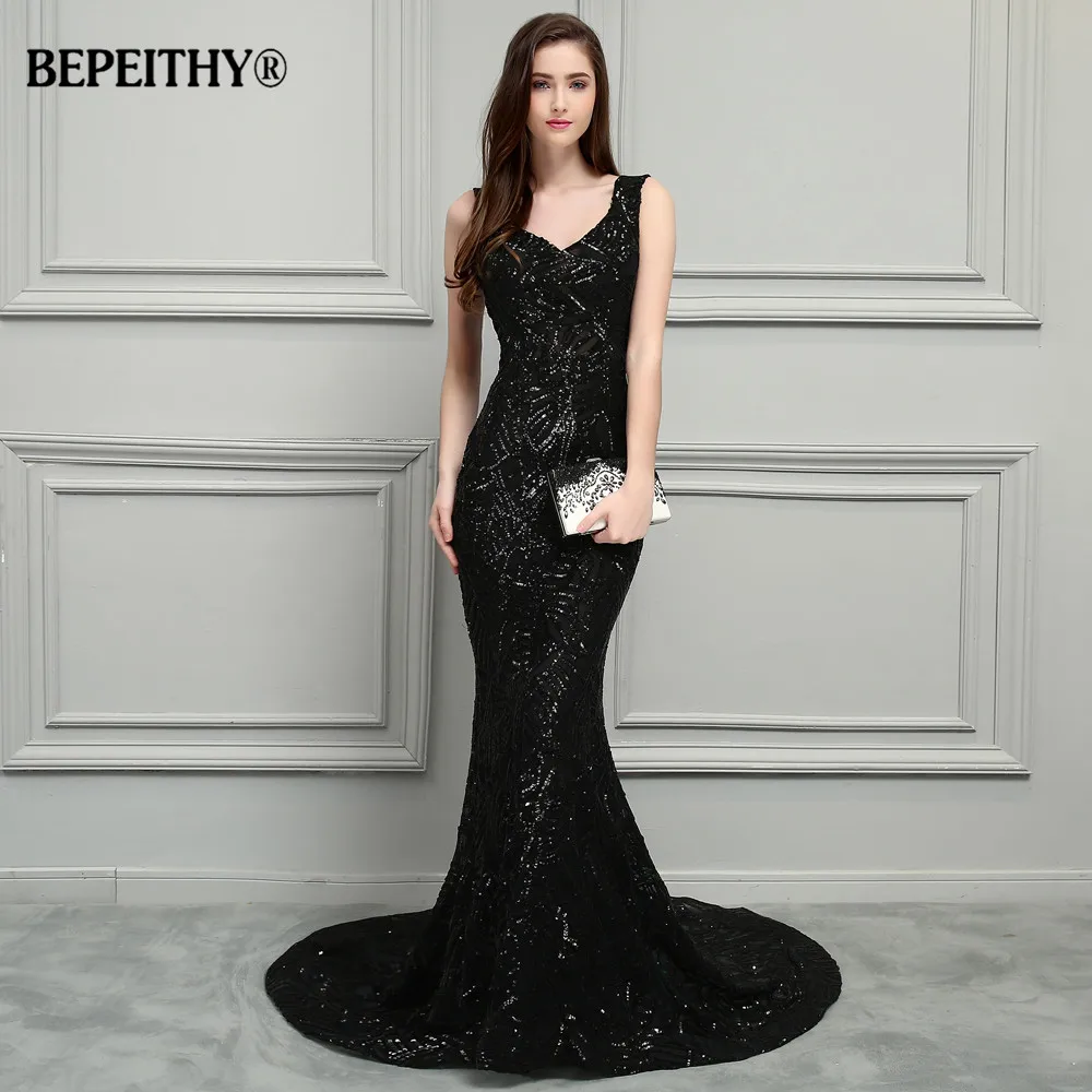 BEPEITHY Новый Русалка Длинные Выпускные платья 2019 блестящее платье Vestido Longo суд Поезд Сексуальная открытой спиной Вечерние без рукавов