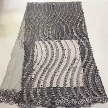 

2019 New Design African French Lace Fabric Gray Color High Quality Tulle Laces Fabrics With Beaded For African Lace Dresses