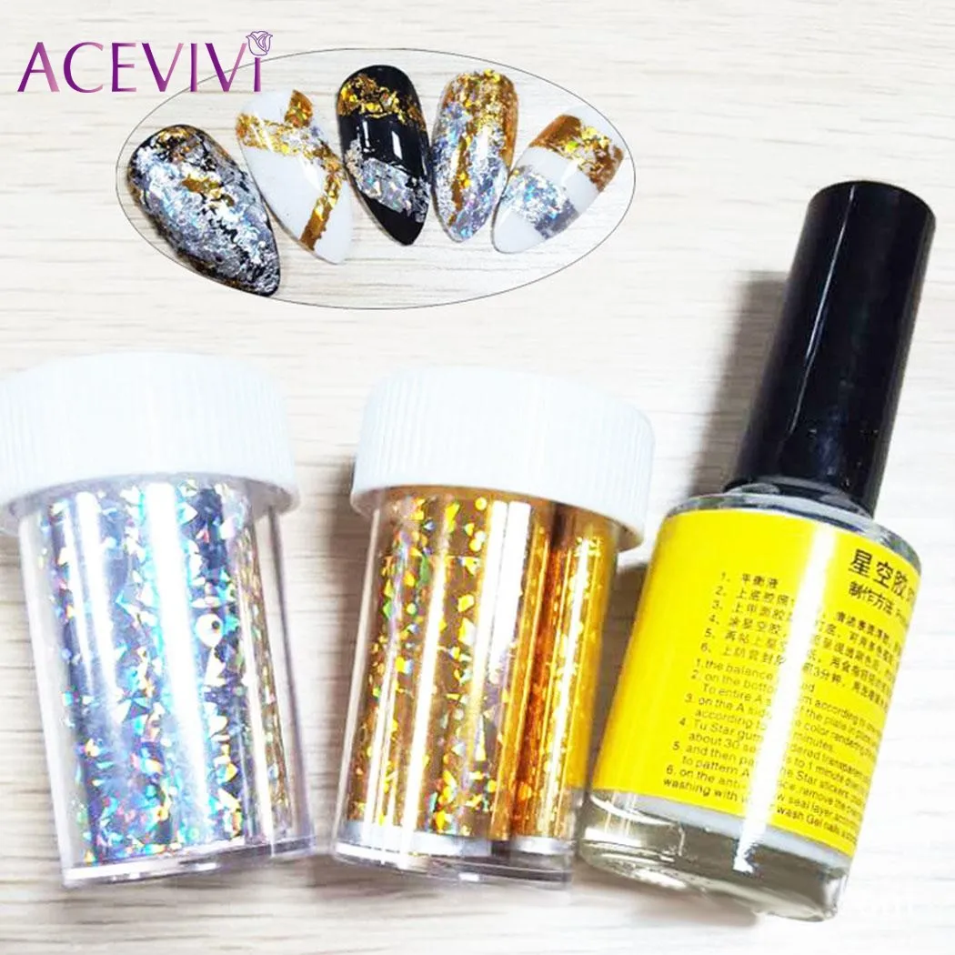 

ACEVIVI 1 Bottle 16 ml Shiny Glitter Starry Nail Art Foils with Star Glue Transfer Stickers Manicure Nail Art Sticker Accessory
