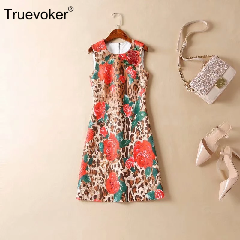 

Truevoker Summer Designer Holiday Dresses Women's High Quality Rose Leopard Printed Diamond Crystal Embossed Tank Dresses