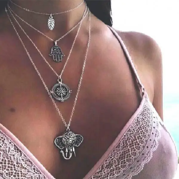 

Ltumbe Vintage Punk Leaves Anchor Elephant Hamsa Hand Pendent Necklaces Multi Layer Statement Necklaces for Women Boho Jewelry