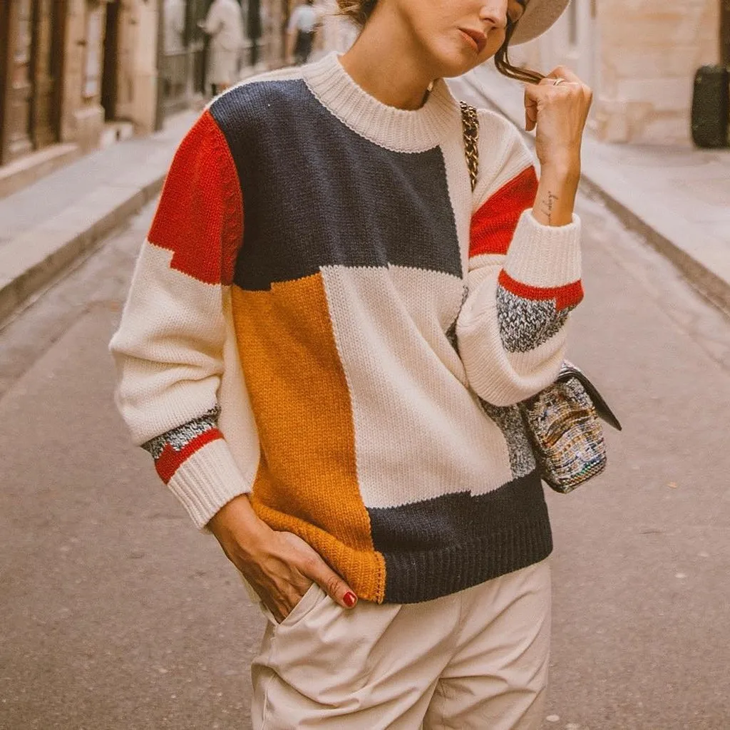 

JAYCOSIN Women Autumn Winter Sweater Fashion Multicolor Block O Neck Pullover Female Causal Long Sleeve Knit Tops Mujer Jumpers