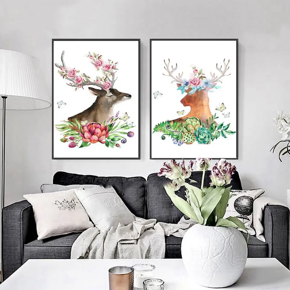 Nordic-Flower-Deer-Poster-Watercolor-Art-Print-Floral-Elk-Wall-Pictures-Canvas-Lotus-Butterfly-Painting-Nursery (1)
