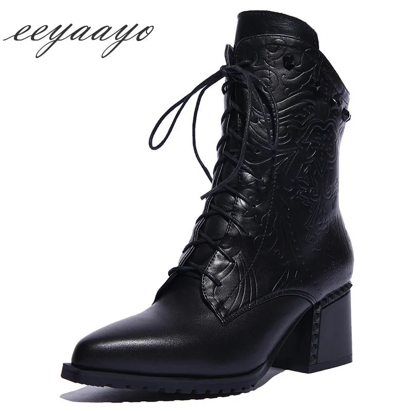 

2018 New Genuine Leather Winter Women Ankle Boots High Heel Round Toe Lace-Up Sexy Women Cow Leather Shoes Black Martens Boots