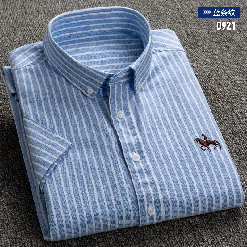 Лето, хлопок, высокое качество, модные деловые мужские повседневные рубашки, полосатая рубашка с коротким рукавом, оксфордская одежда, рубашка размера плюс - Цвет: D921