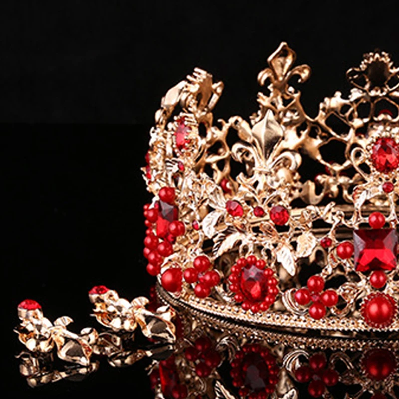 Baroque Style Gold Leaf Red Rhinestone Wedding Tiara Crown And Earring Set Alloy Bridal Queen Princess Crown Hair Accessories 36