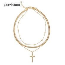 Peri'sBox золотой цвет нежный кристалл чокер с крестиком, колье для женщин изысканные три слоя богемные короткие Колье бусы Шарм ожерелье s