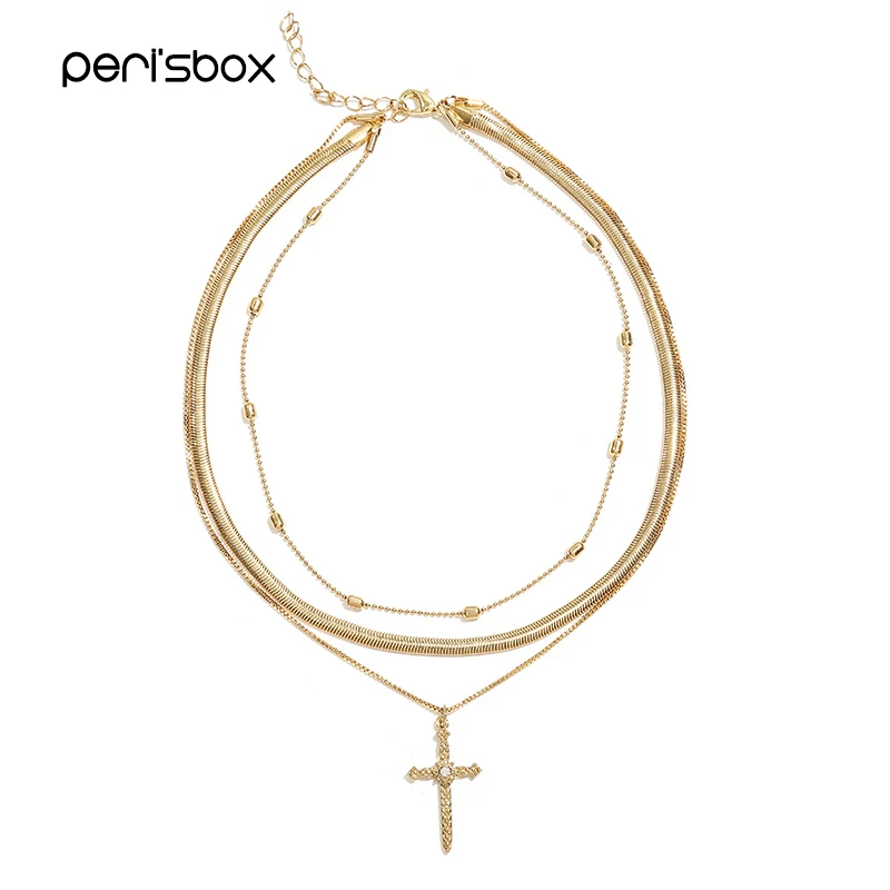 

Peri'sBox Gold Color Delicate Crystal Cross Choker Necklace for Women Dainty Three Layering Chokers Boho Beads Charm Necklaces