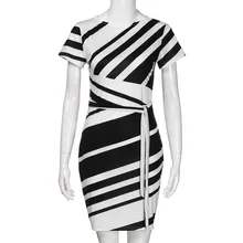 Bzoosio офисное женское Полосатое платье-карандаш женское с коротким рукавом деловая Вечеринка платья с поясом повседневное мини платье F1