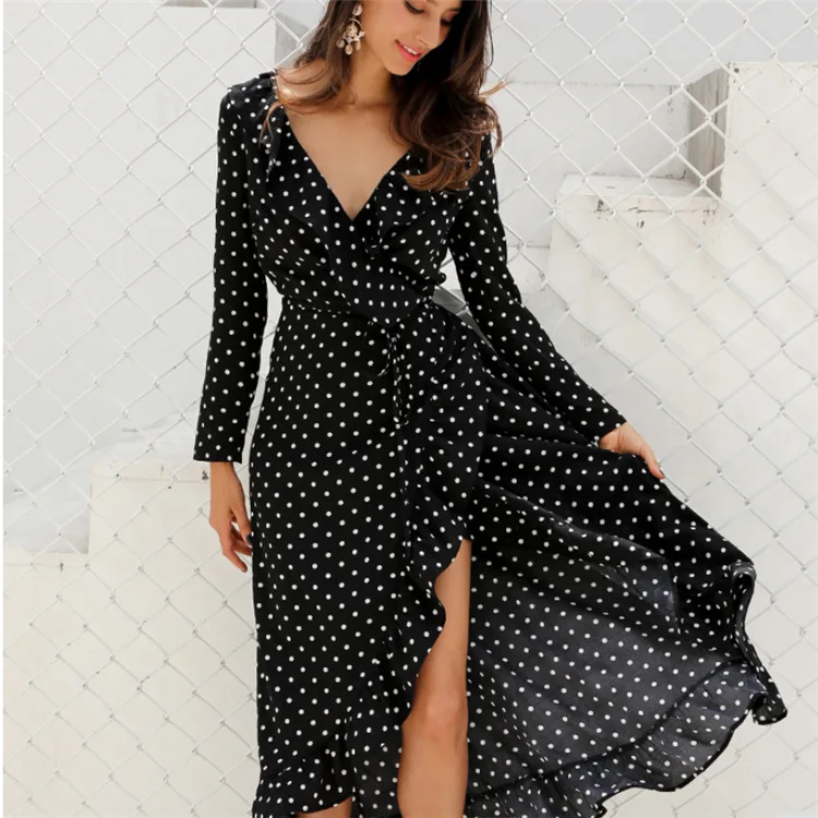 

Spring Polka Dot Ruffle Wrap Long Dress Women Split Long Sleeve Spring Casual Dress 2019 Streetwear Black Maxi Dress Vestidos
