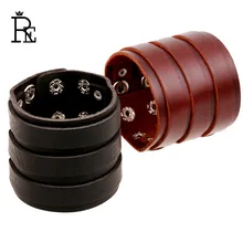 RE CUFF Genuine Cowhide Leather Wrap Bracelet Men Wide Black Brown Punk Rock Bracelets Bangles Jewelry For Women Wristband RE CUFF Genuine Cowhide Leather Wrap Bracelet Men Wide Black Brown Punk Rock Bracelets Bangles Jewelry For Women Wristband