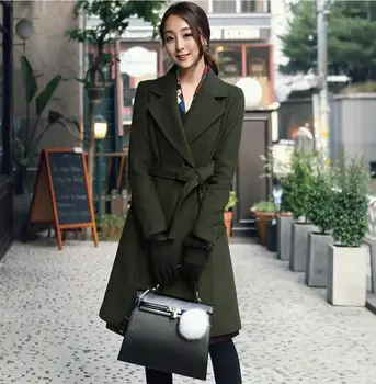 

S-4XL Long design wool overcoat 2017 spring and autumn women's slim Army Green woolen trench coat plus size woolen coat