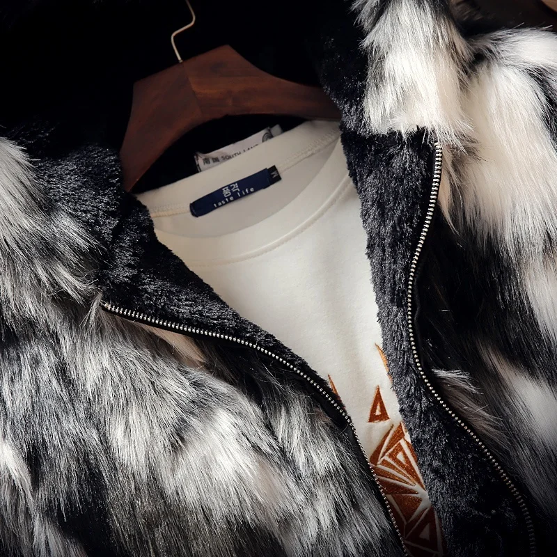 Зимнее модное пальто с мехом, Мужская одежда, Толстая куртка с искусственным мехом на молнии, куртка с капюшоном, DB027