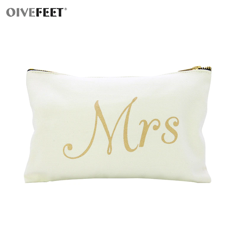 

OIVEFEET LGC193,Mrs White Cotton Canvas Makeup Gold Zipper Pouch Metallic Print Cosmetic Bag Bridesmaid Gift Wedding Favor Bag