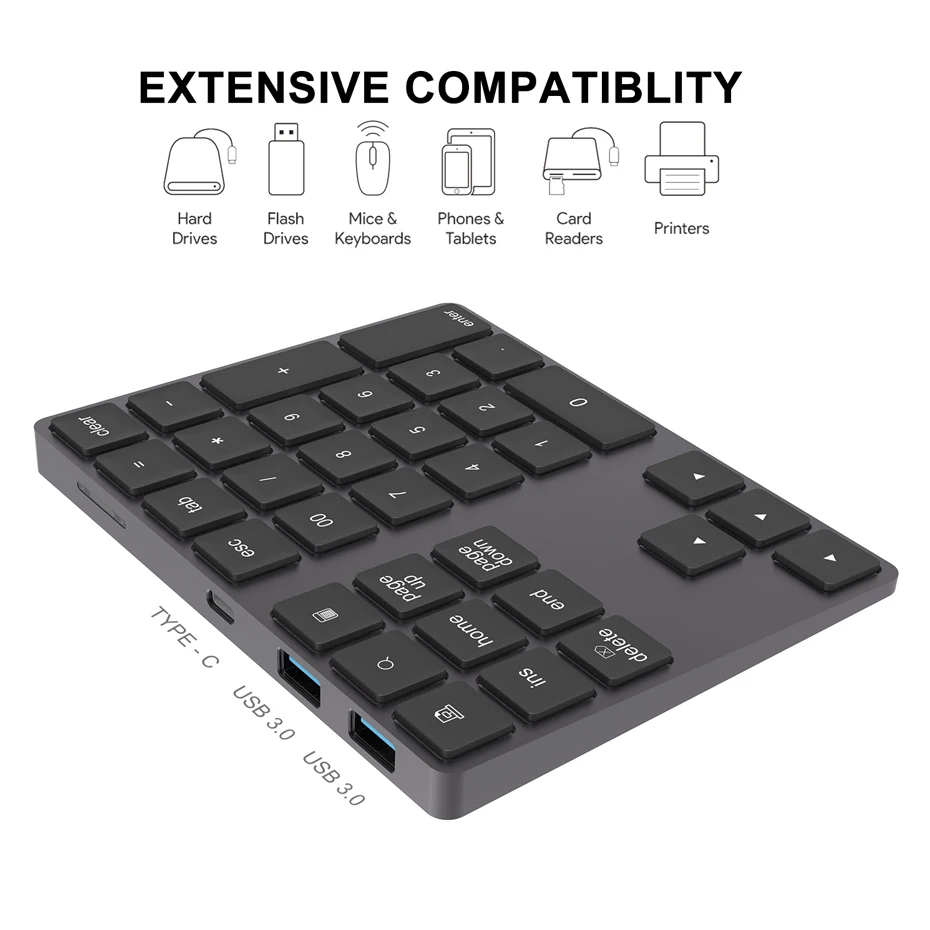 AVATTO Aluminum Alloy Bluetooth Wireless Numeric Keypad with USB HUB Digital Input Function for Windows,Mac OS,Android laptop PC