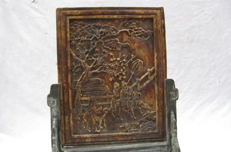 

11"China Folk collection classical Old Bronze pine tree character design screen