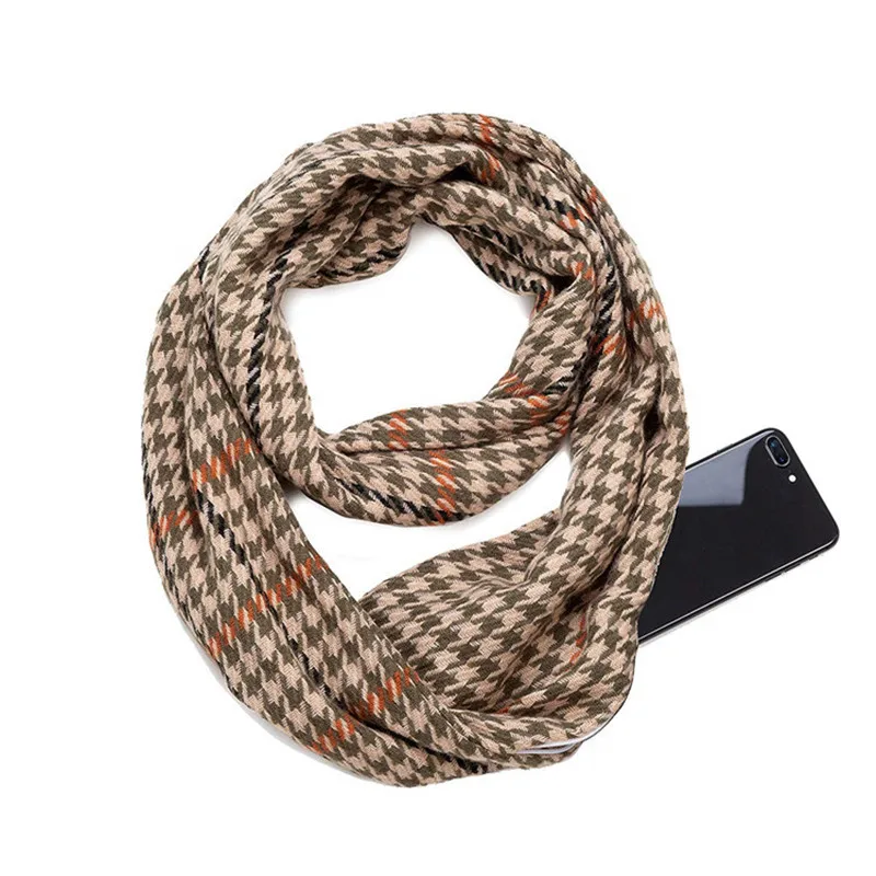 winter classical Plaid warm Travel Infinity scarf with Hidden Pocket Cashmere Scarves Female Shawls Pashmina Lady blanket