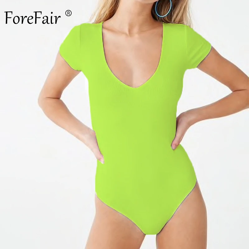 Forefair V الرقبة مضلع النيون ارتداءها النساء السروال القصير الأخضر أبيض أسود الصيف مثير Bodycon قصيرة الأكمام محبوك الإناث الجسم أعلى