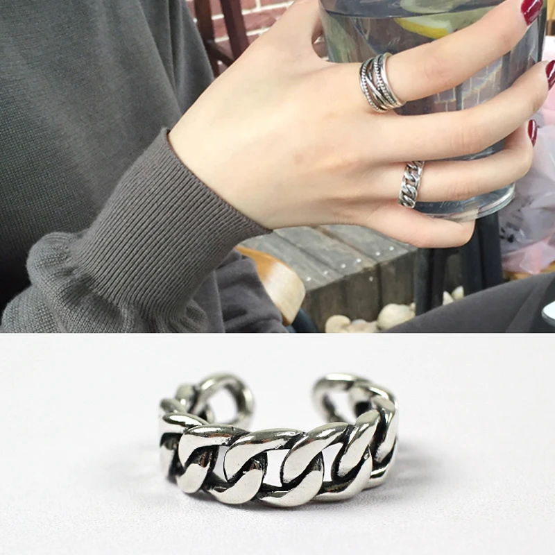 

ROCKART 100% 925 Sterling Silver Personalized Flat Thick Chain Open Ring For Women Adjustable Fashion Jewelry Korean Designer