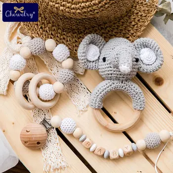 

1set/3pc Baby Wooden Teether Pram Crib Activity Baby Silicone Beads Rattle Baby Dummy Clip Pacifier Clip Chain For Stroller Toys