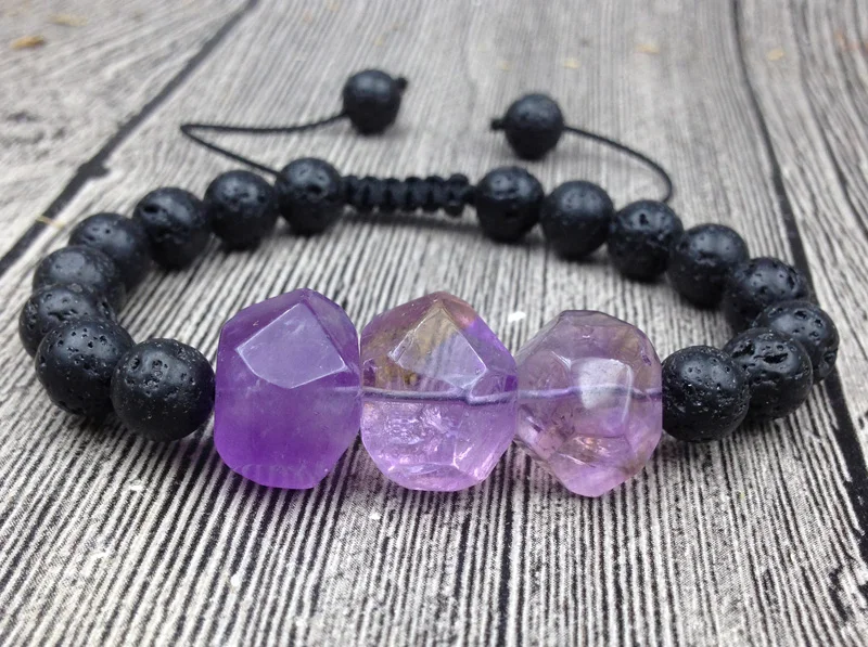 

YA2865 Natural Amethysts Faceted Chunky Stone Black 8mm Lava Beads Knot Adjustable Bracelet 6.5inch long