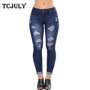 

TCJULY New Arrival Ripped Jeans Skinny Push Up Stretch Women's Denim Pants With Holes Streetwear Slim Bleached Washed Blue Jeans