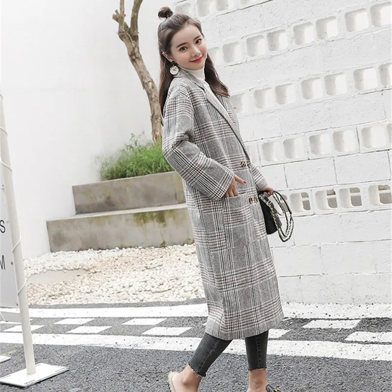 Женское зимнее шерстяное длинное пальто в клетку, корейский стиль, винтажное повседневное элегантное женское пальто с карманами